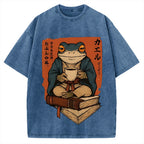 Funny Ukiyoe Frog drinking coffee on books Vintage Washed T-shirt