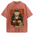 Funny Ukiyoe Frog drinking coffee on books Vintage Washed T-shirt