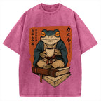 Funny Ukiyoe Frog drinking coffee on books Vintage Washed T-shirt