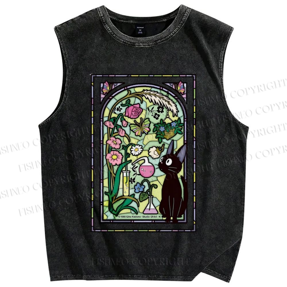 Unisex Black Cat Stained glass windows Printed Washed Tank Top