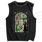 Unisex Black Cat Stained glass windows Printed Washed Tank Top