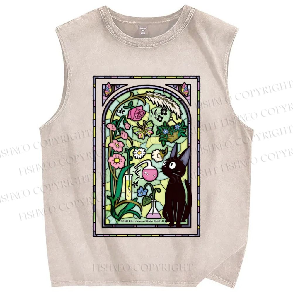 Unisex Black Cat Stained glass windows Printed Washed Tank Top