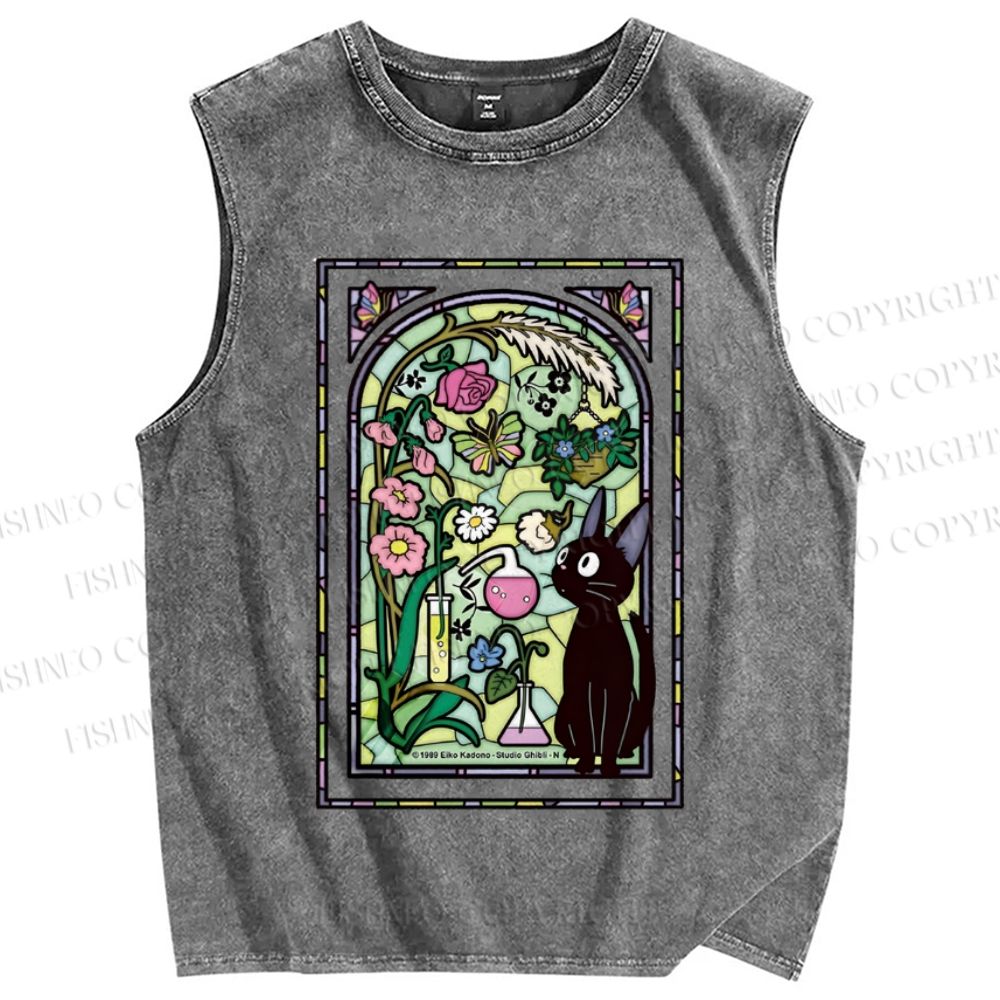 Unisex Black Cat Stained glass windows Printed Washed Tank Top