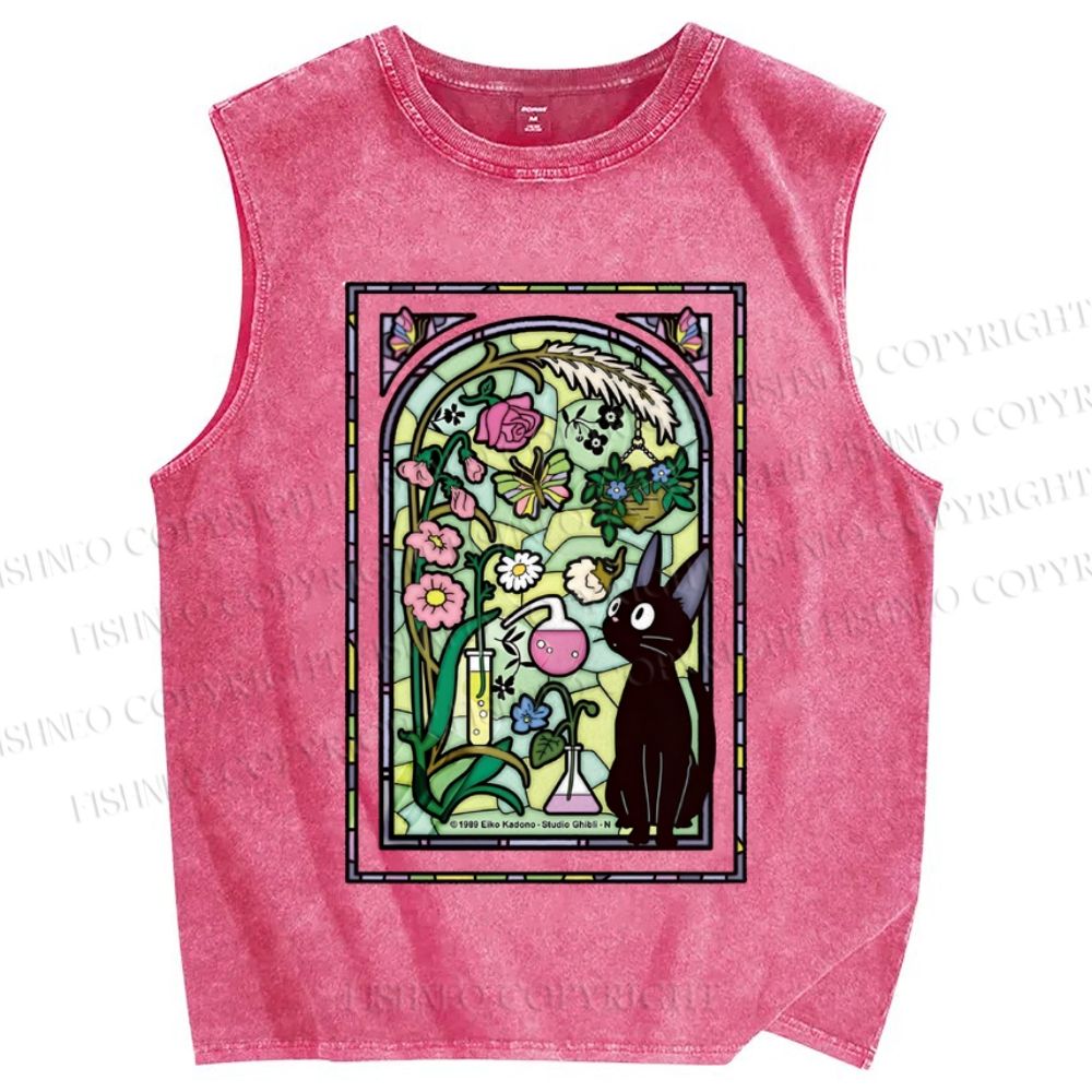 Unisex Black Cat Stained glass windows Printed Washed Tank Top