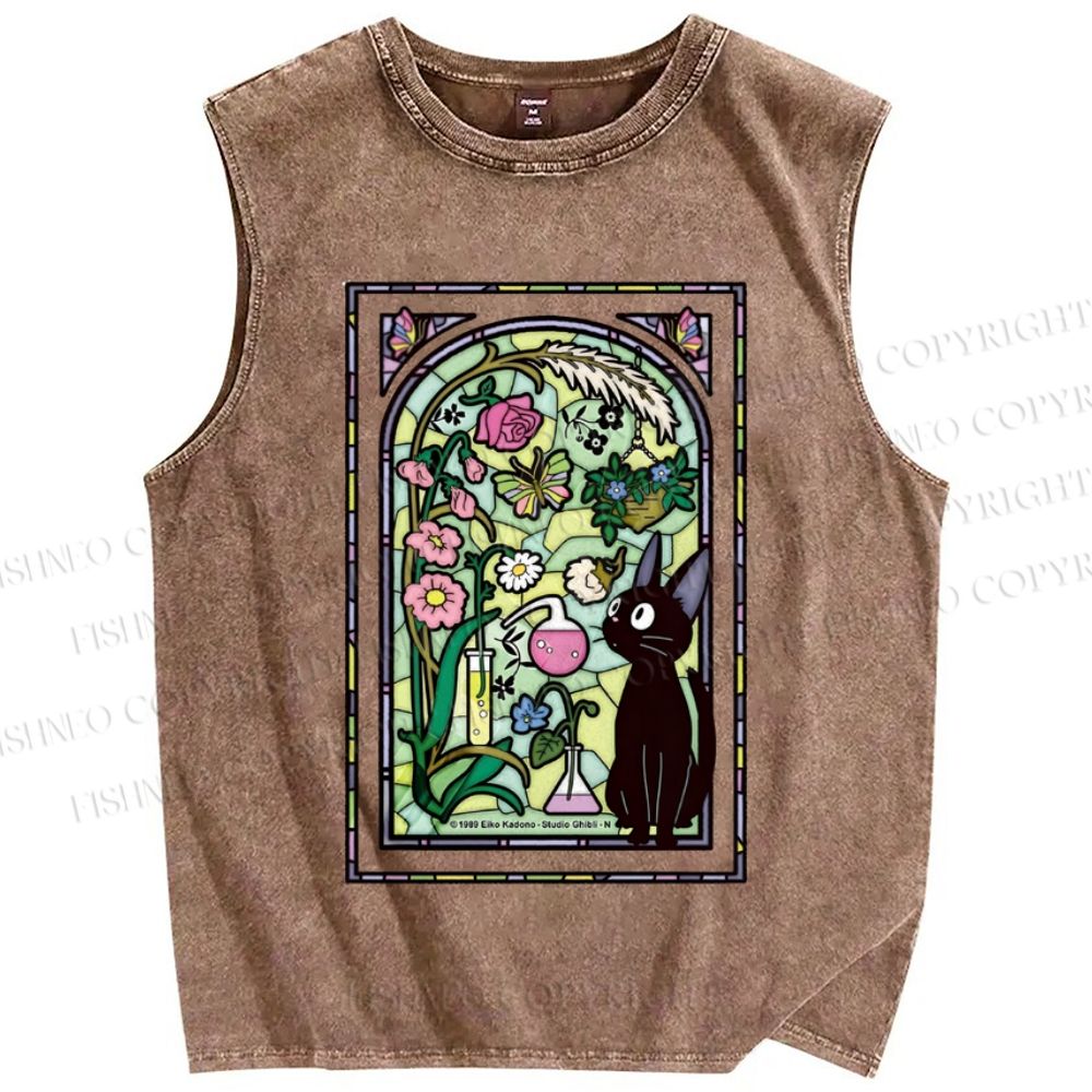 Unisex Black Cat Stained glass windows Printed Washed Tank Top