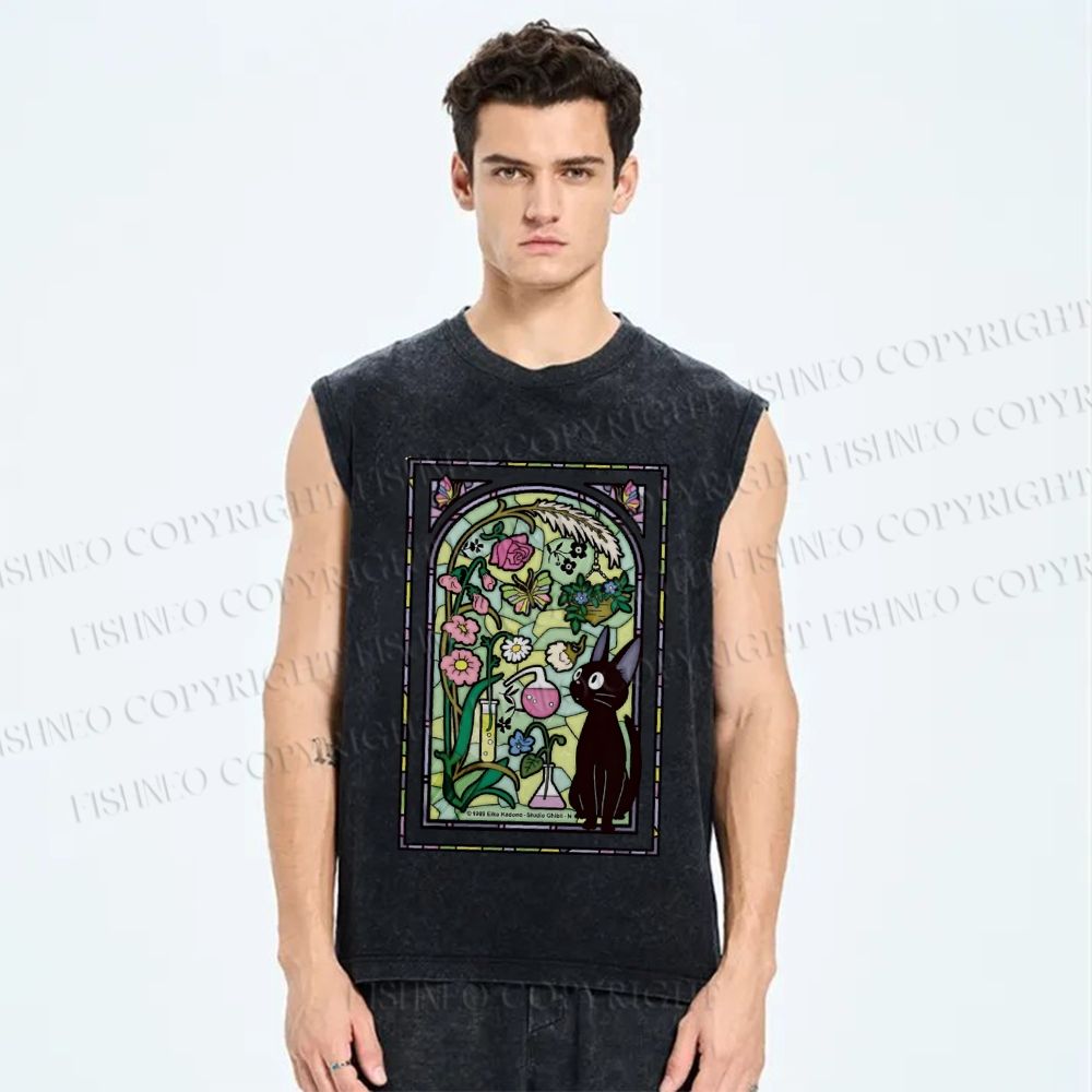 Unisex Black Cat Stained glass windows Printed Washed Tank Top
