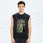 Unisex Black Cat Stained glass windows Printed Washed Tank Top