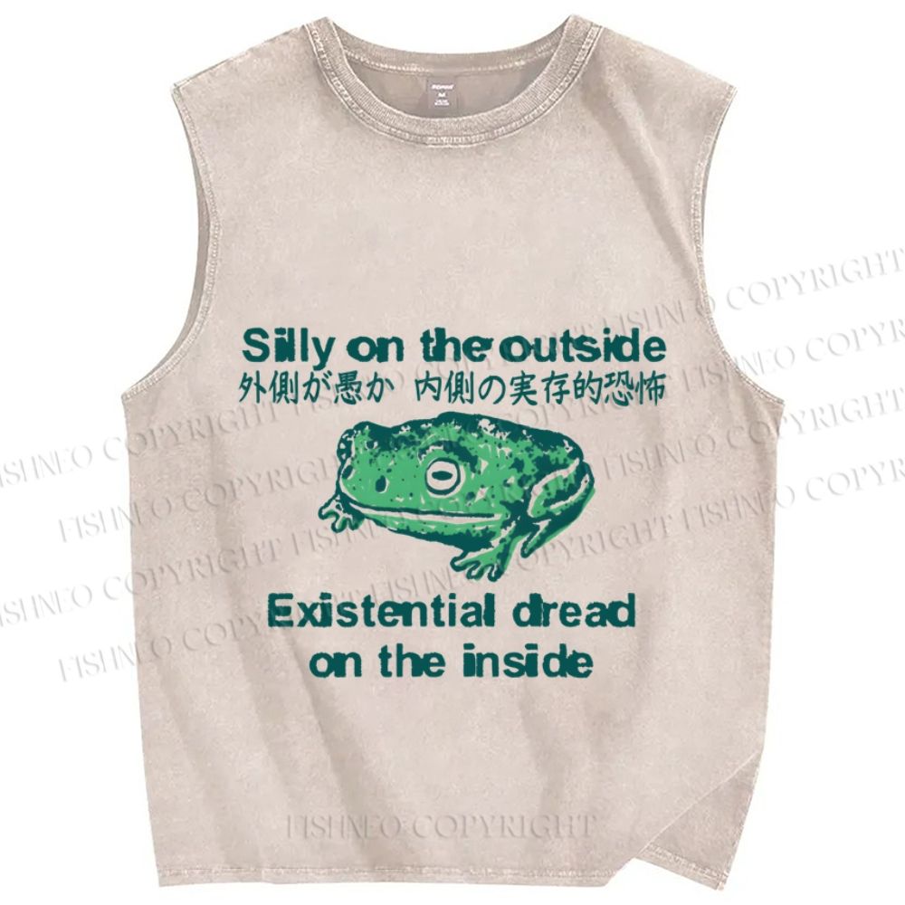 Unisex Japanese Silly On The Outside Frog Printed Washed Tank Top
