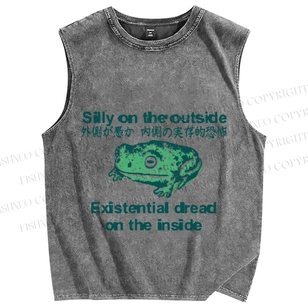 Unisex Japanese Silly On The Outside Frog Printed Washed Tank Top
