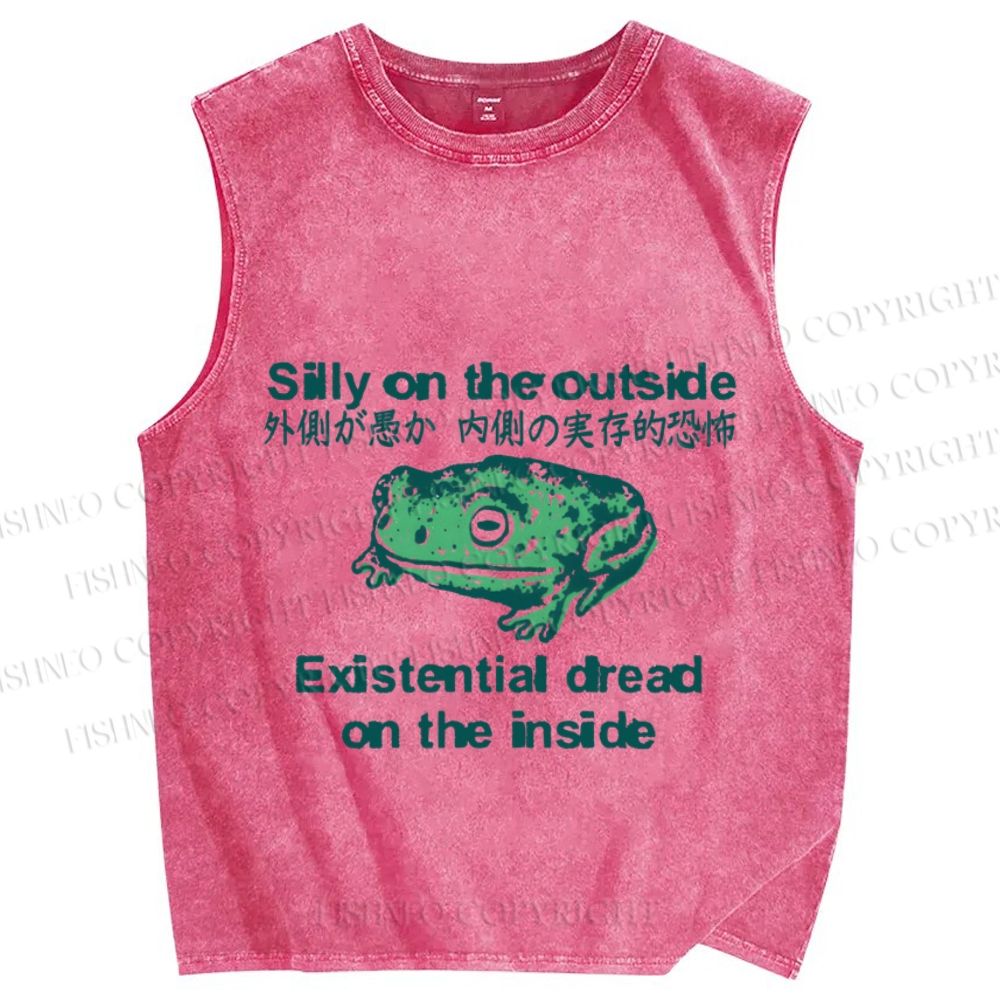 Unisex Japanese Silly On The Outside Frog Printed Washed Tank Top