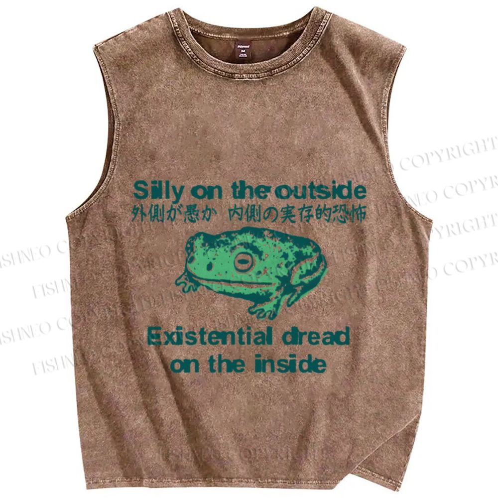 Unisex Japanese Silly On The Outside Frog Printed Washed Tank Top