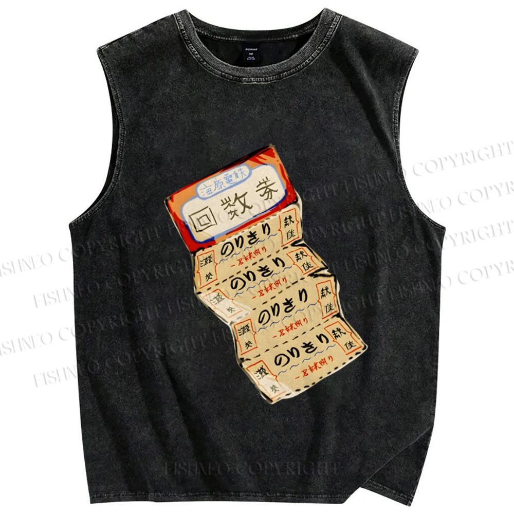 Unisex Vintage Japanese Ticket Printed Washed Tank Top