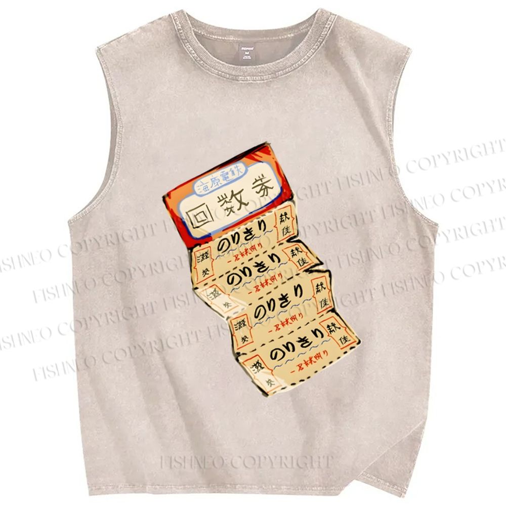 Unisex Vintage Japanese Ticket Printed Washed Tank Top