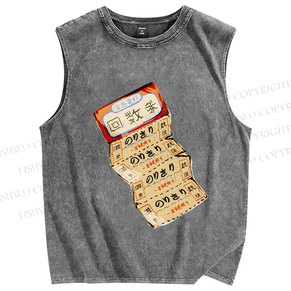 Unisex Vintage Japanese Ticket Printed Washed Tank Top