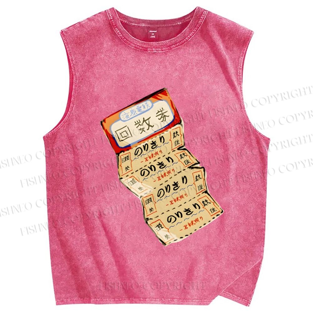 Unisex Vintage Japanese Ticket Printed Washed Tank Top