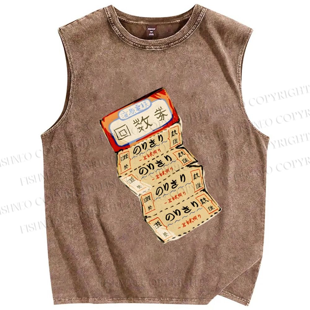 Unisex Vintage Japanese Ticket Printed Washed Tank Top