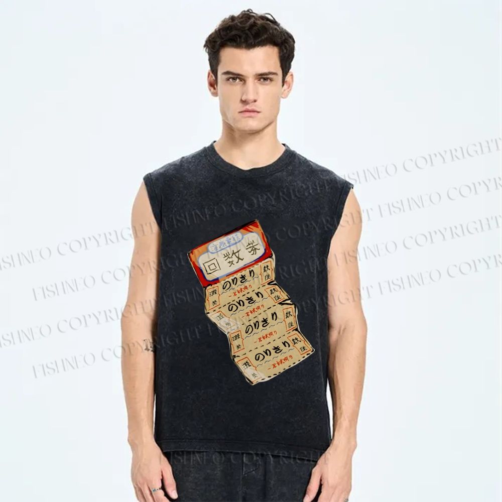 Unisex Vintage Japanese Ticket Printed Washed Tank Top