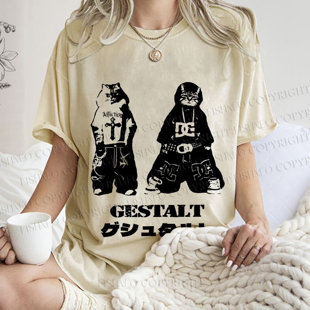 Unisex Vintage Gestalt Street Cool Cat Printed Washed Tee