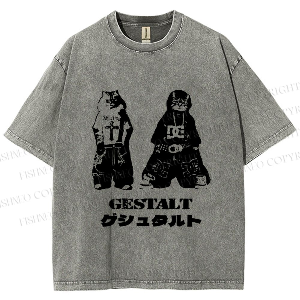 Unisex Vintage Gestalt Street Cool Cat Printed Washed Tee