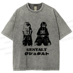 Unisex Vintage Gestalt Street Cool Cat Printed Washed Tee