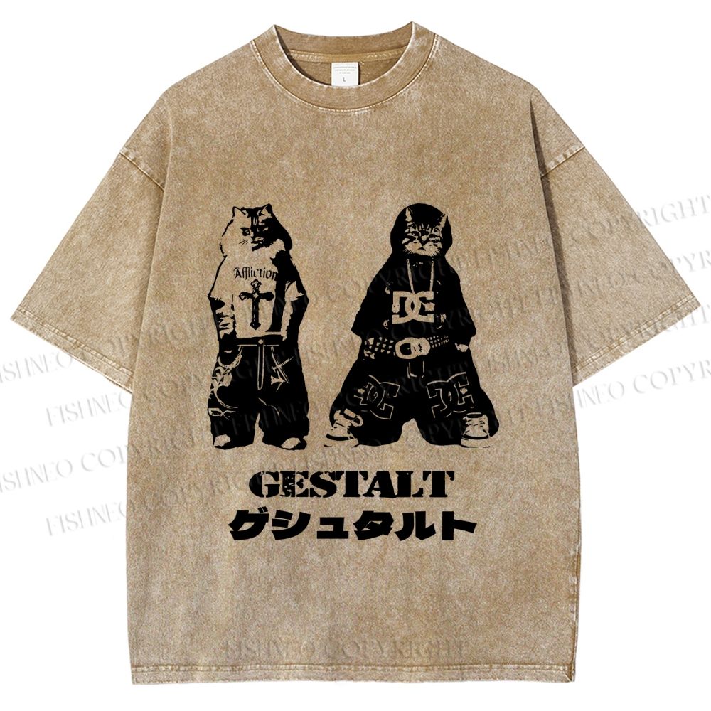 Unisex Vintage Gestalt Street Cool Cat Printed Washed Tee