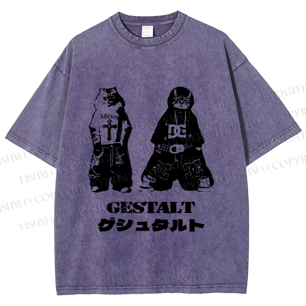 Unisex Vintage Gestalt Street Cool Cat Printed Washed Tee