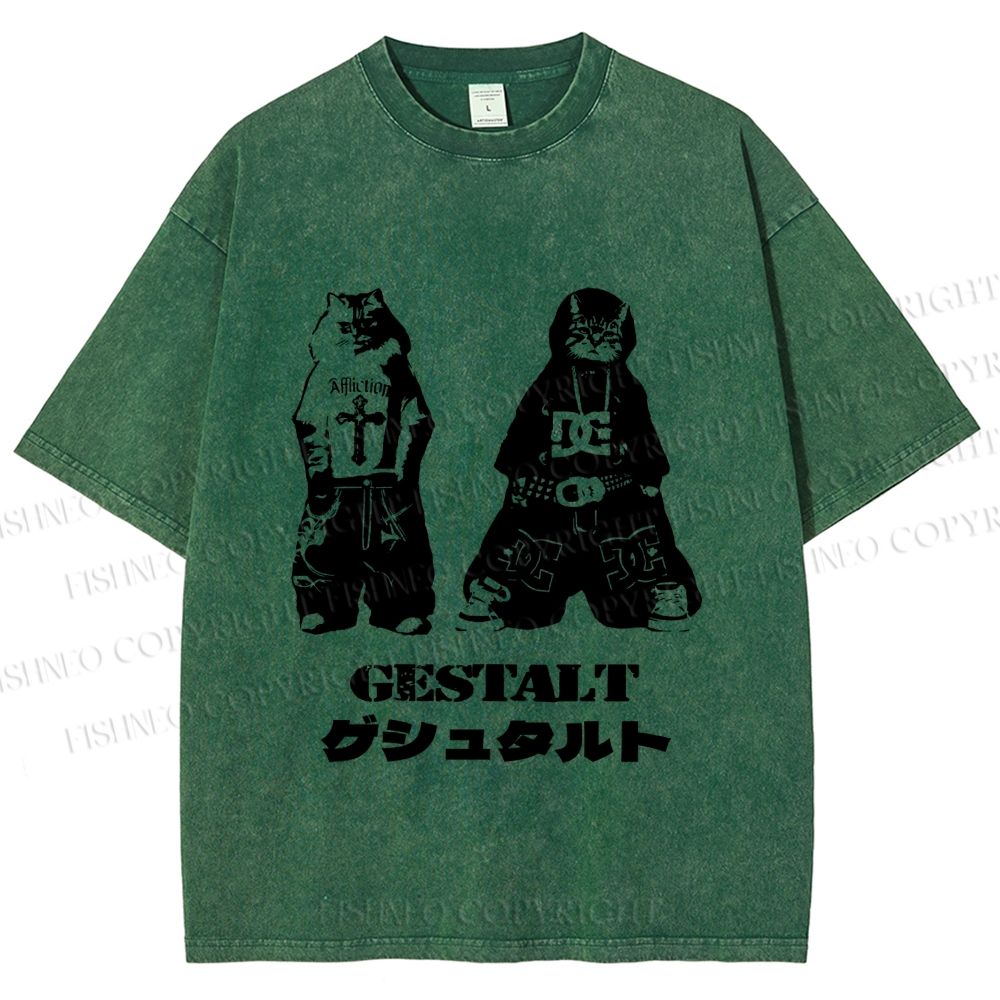 Unisex Vintage Gestalt Street Cool Cat Printed Washed Tee