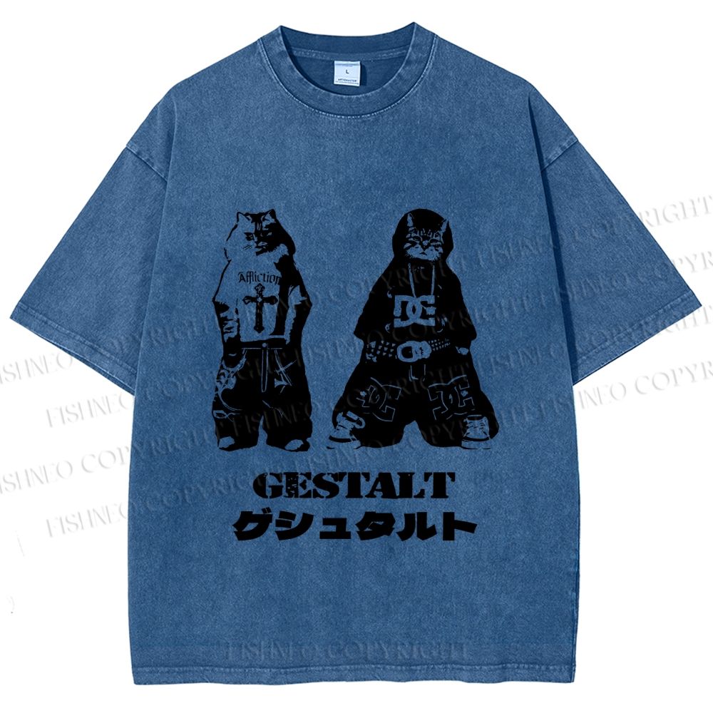 Unisex Vintage Gestalt Street Cool Cat Printed Washed Tee