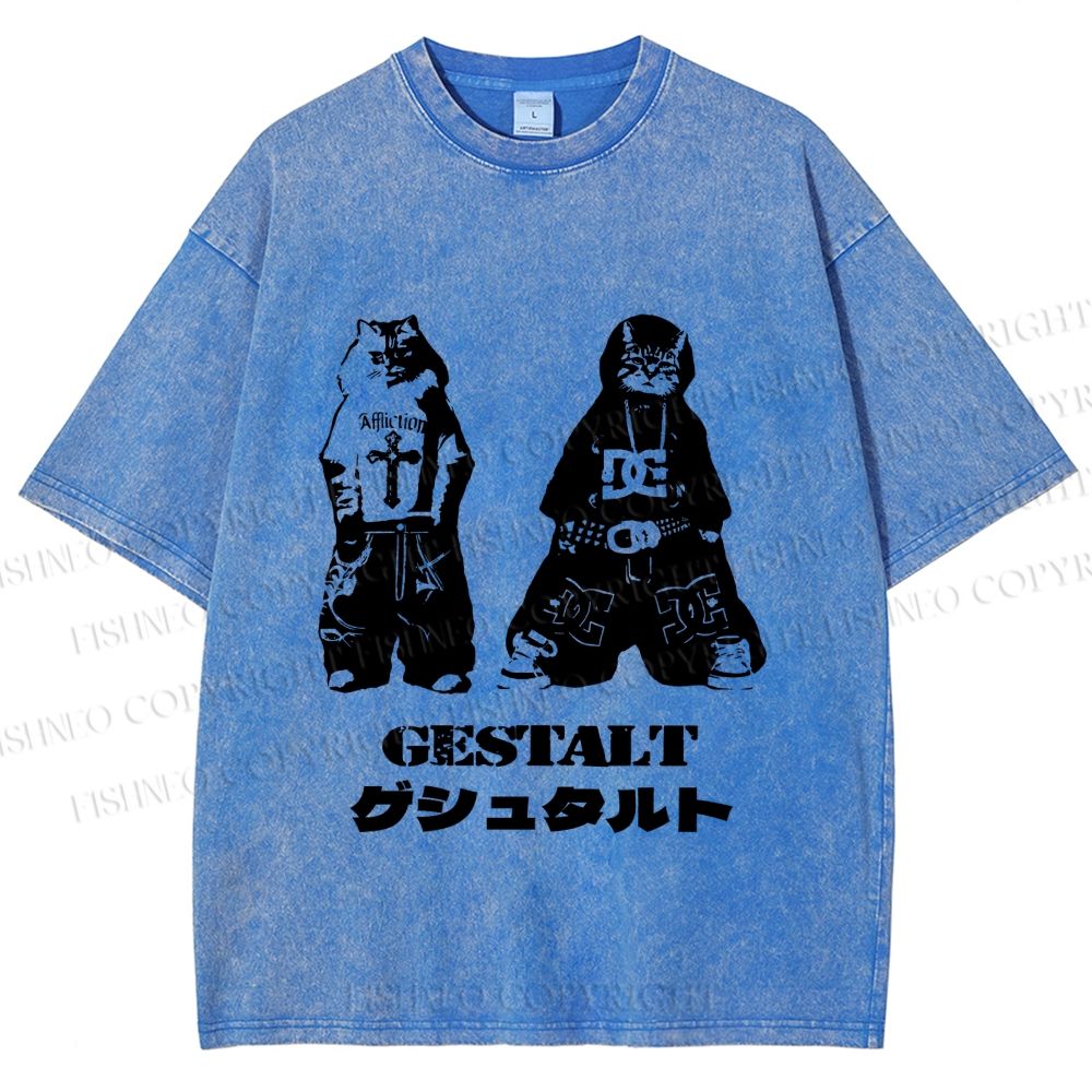 Unisex Vintage Gestalt Street Cool Cat Printed Washed Tee