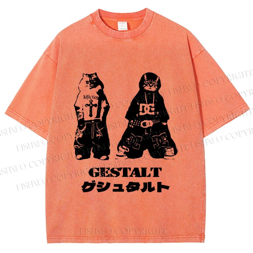 Unisex Vintage Gestalt Street Cool Cat Printed Washed Tee
