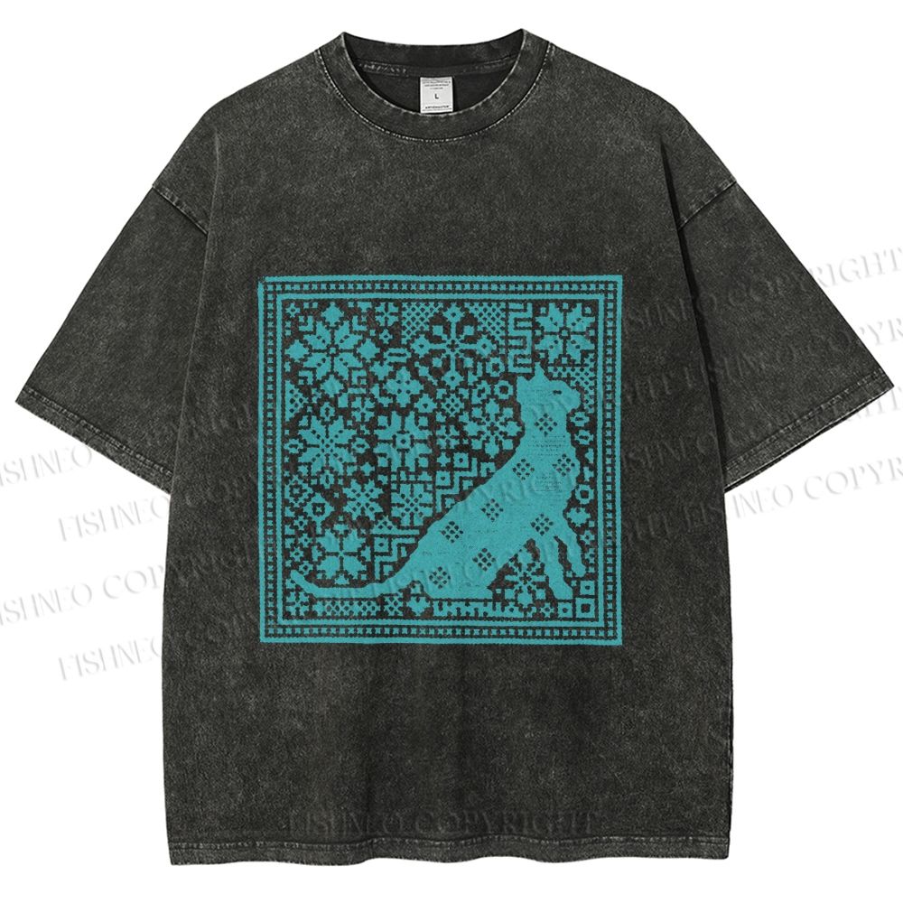 Unisex Vintage Snowing Cat Printed Washed Tee