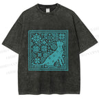 Unisex Vintage Snowing Cat Printed Washed Tee