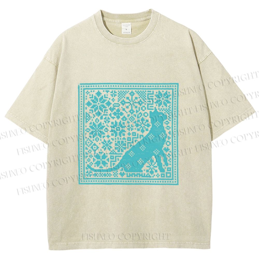 Unisex Vintage Snowing Cat Printed Washed Tee