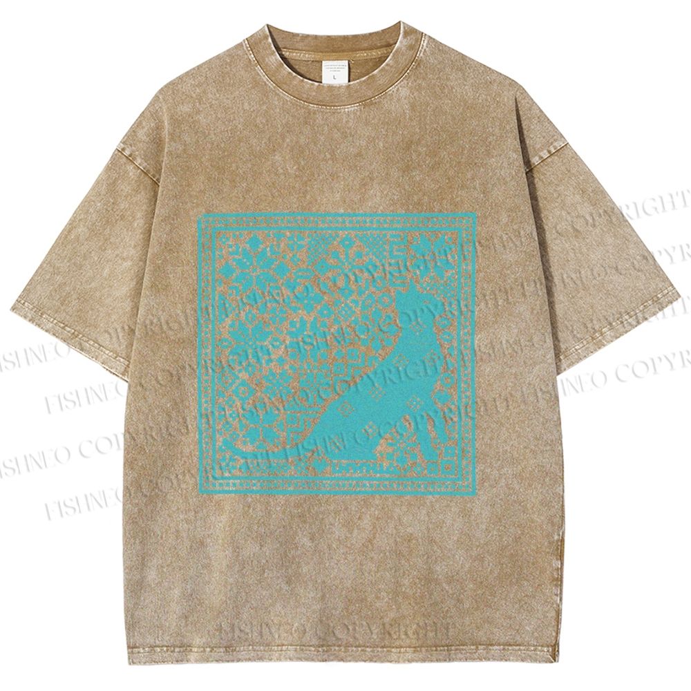 Unisex Vintage Snowing Cat Printed Washed Tee