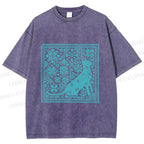 Unisex Vintage Snowing Cat Printed Washed Tee