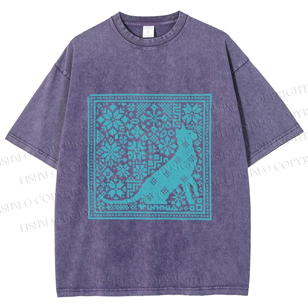 Unisex Vintage Snowing Cat Printed Washed Tee