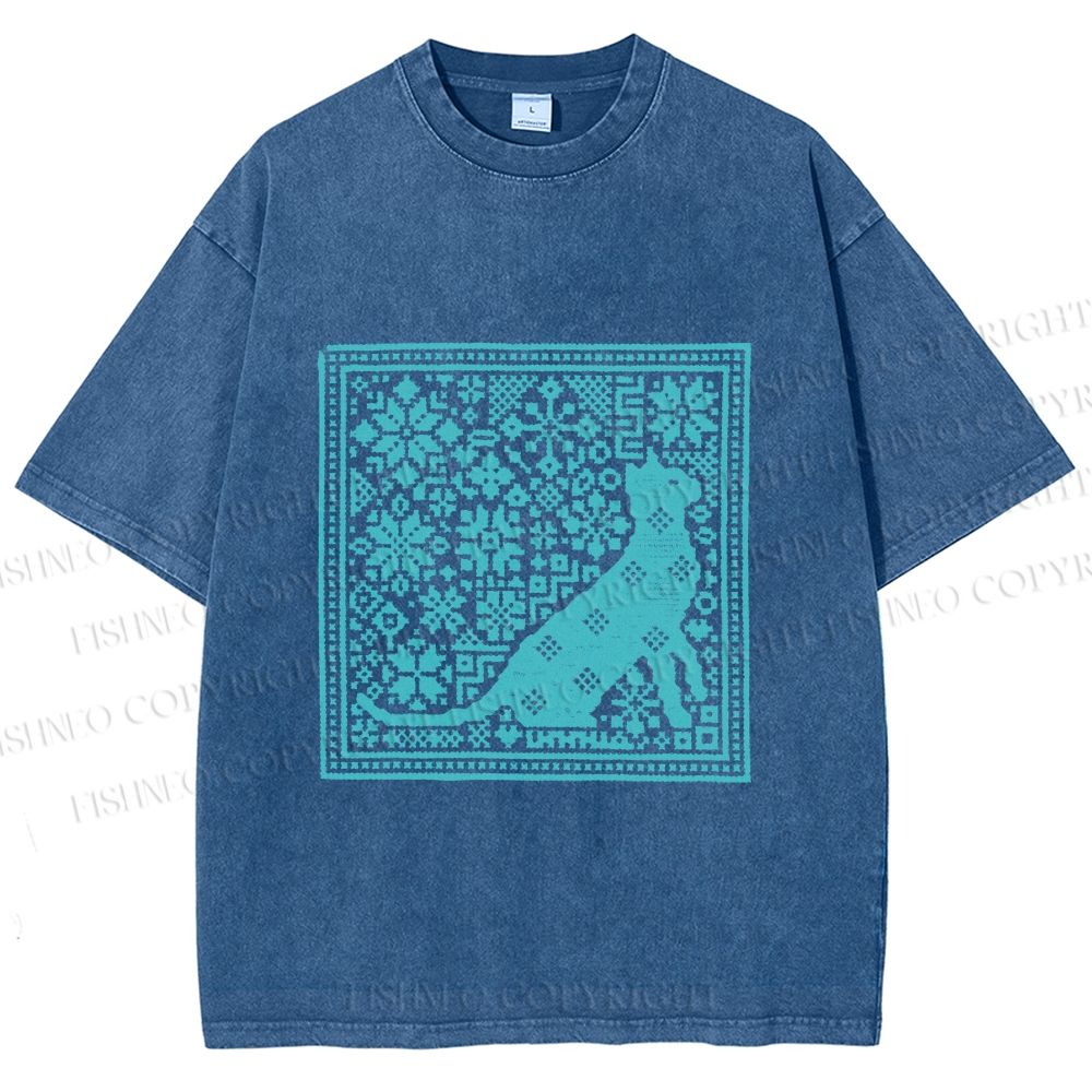 Unisex Vintage Snowing Cat Printed Washed Tee