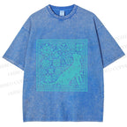 Unisex Vintage Snowing Cat Printed Washed Tee