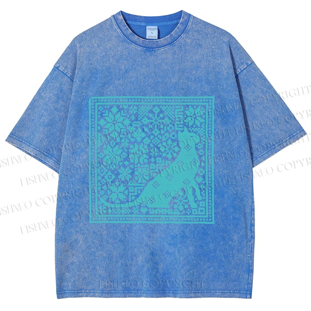 Unisex Vintage Snowing Cat Printed Washed Tee