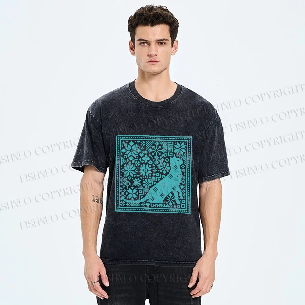 Unisex Vintage Snowing Cat Printed Washed Tee