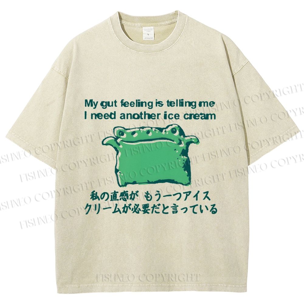 Unisex Japanese I need another ice cream Silly Frog Printed Washed Tee