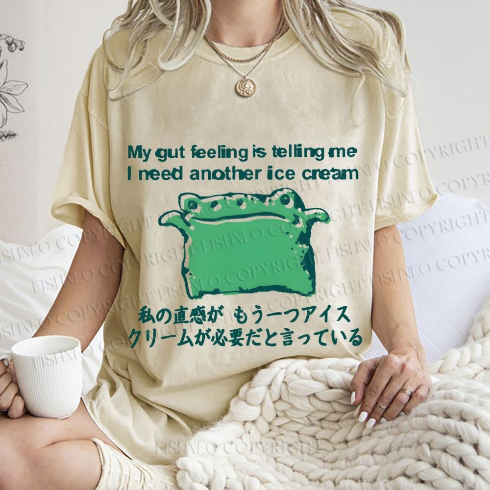 Unisex Japanese I need another ice cream Silly Frog Printed Washed Tee