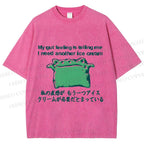 Unisex Japanese I need another ice cream Silly Frog Printed Washed Tee