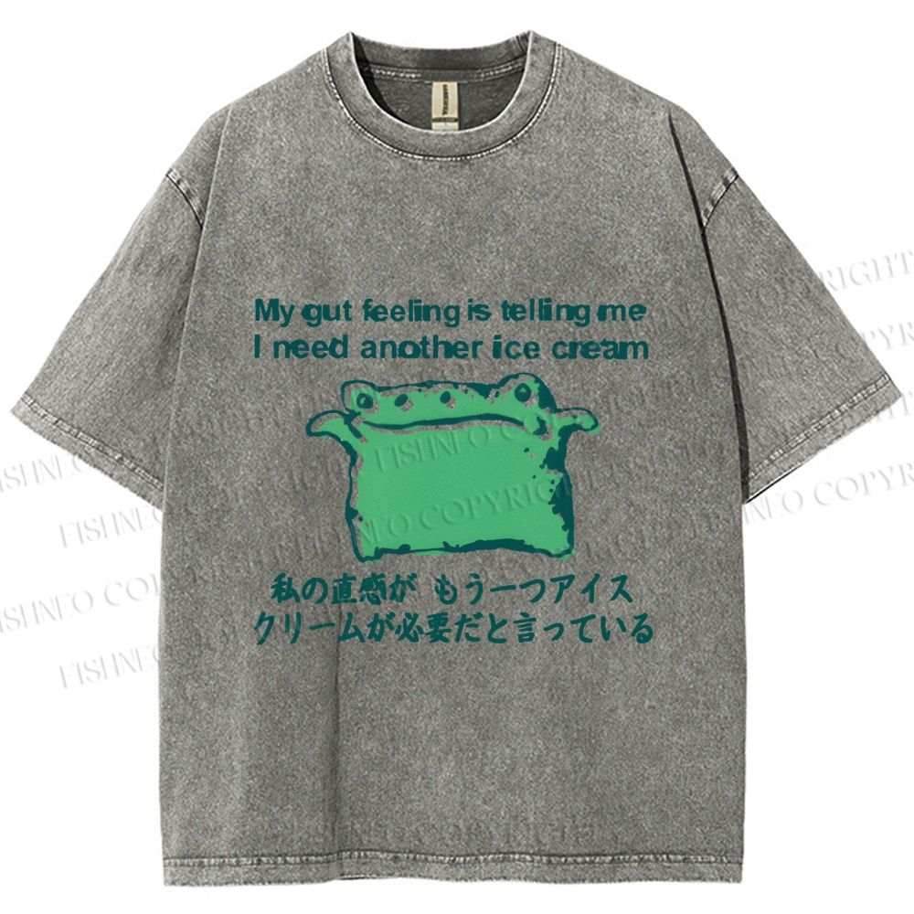Unisex Japanese I need another ice cream Silly Frog Printed Washed Tee