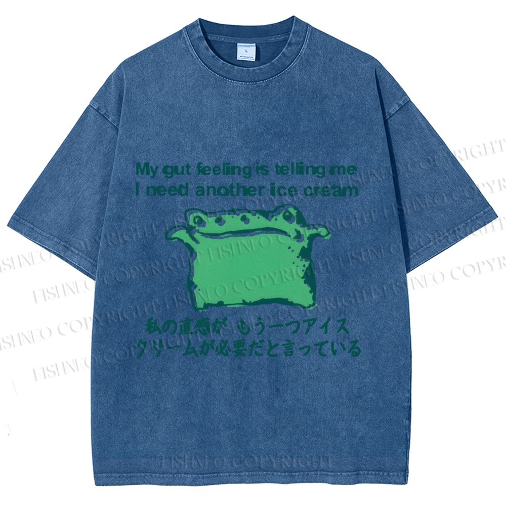 Unisex Japanese I need another ice cream Silly Frog Printed Washed Tee