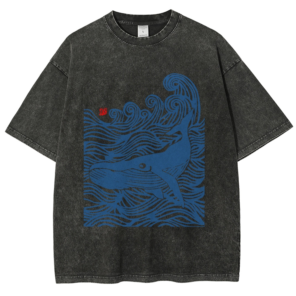 Whales in the Waves Japanese Style Vintage Washed T-shirt