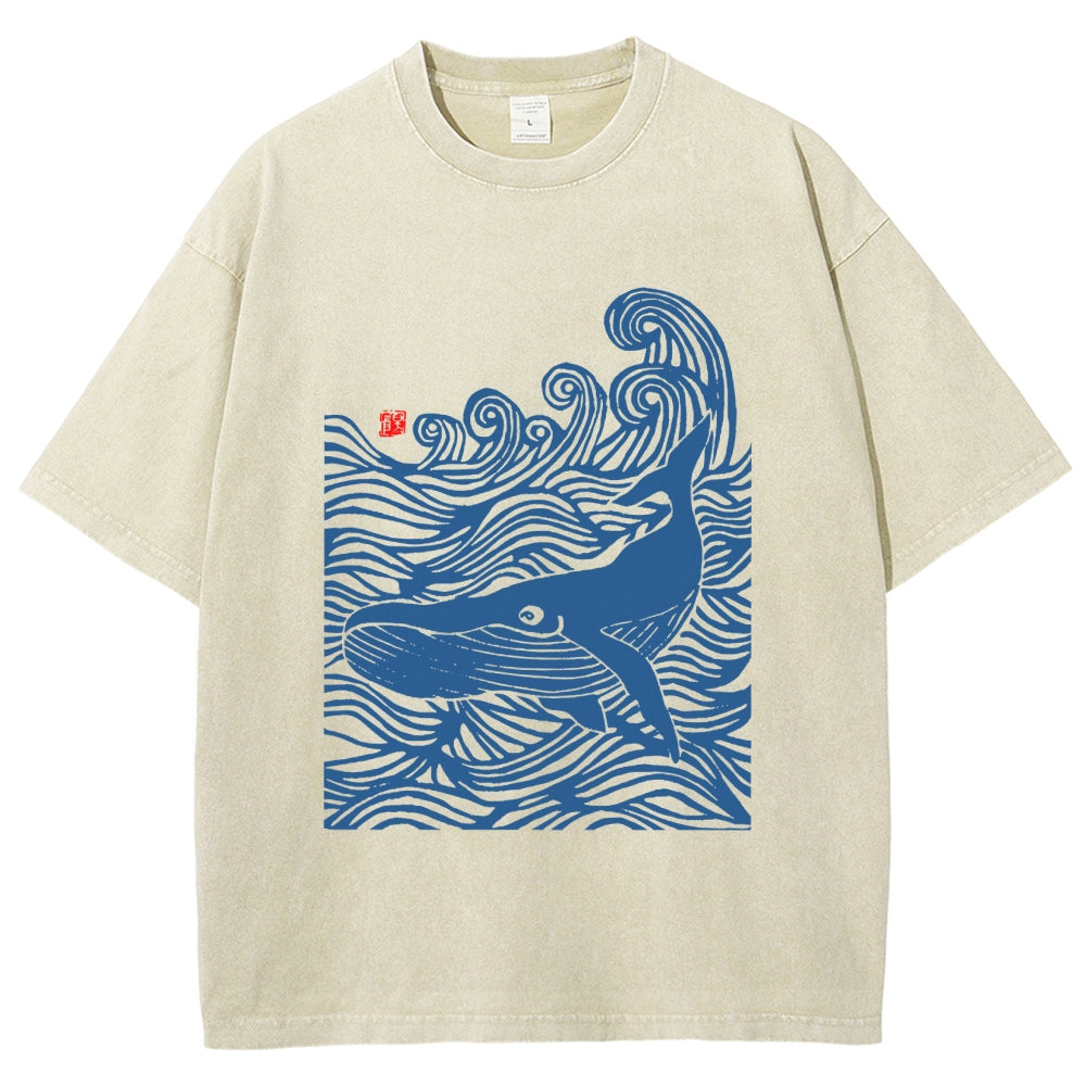 Whales in the Waves Japanese Style Vintage Washed T-shirt