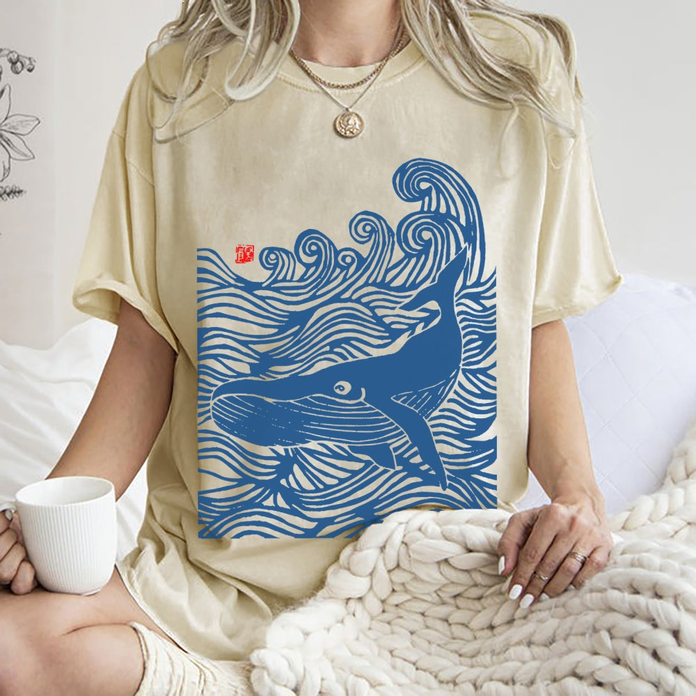 Whales in the Waves Japanese Style Vintage Washed T-shirt