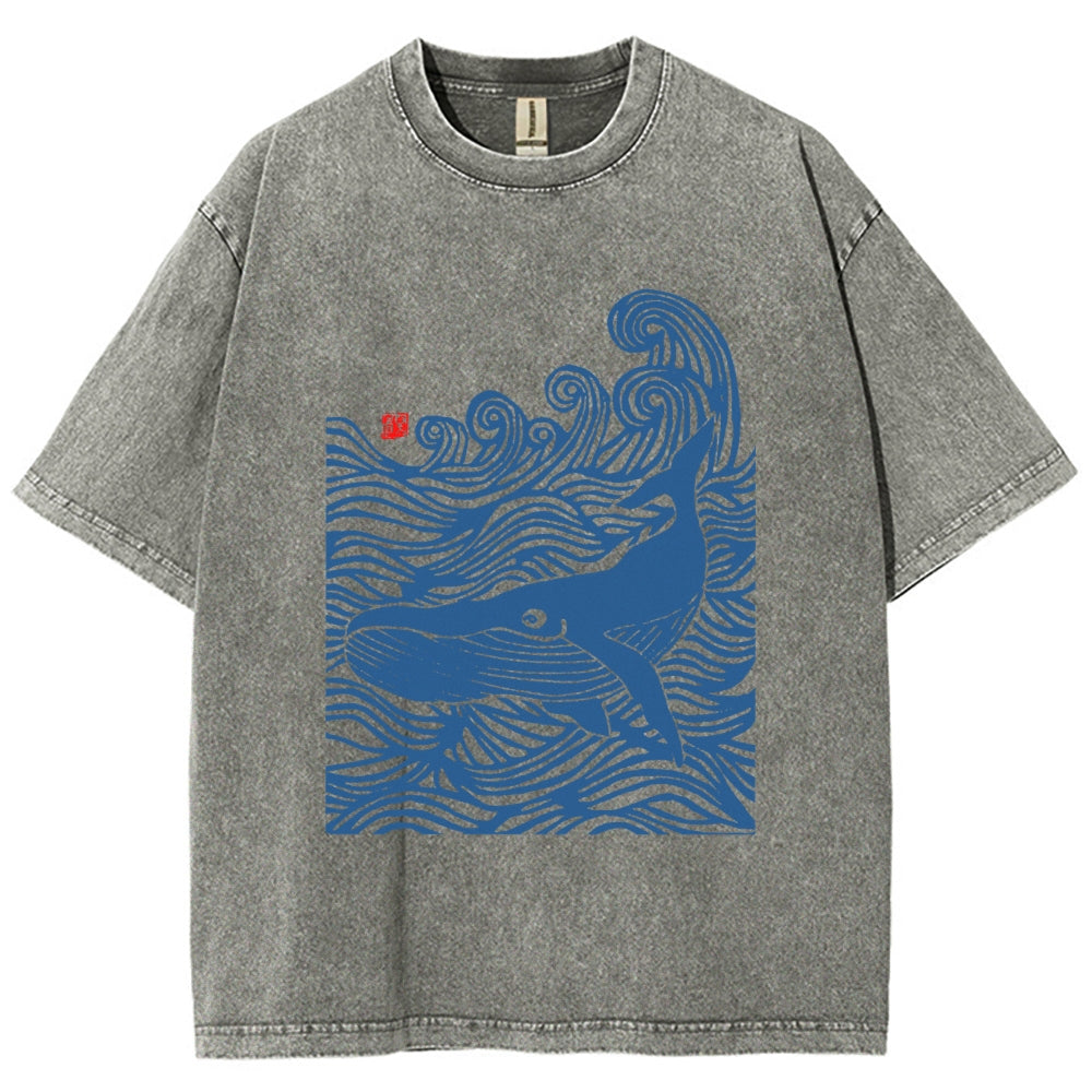 Whales in the Waves Japanese Style Vintage Washed T-shirt