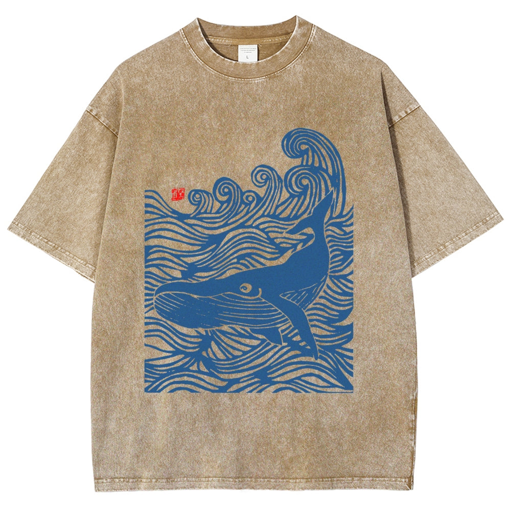 Whales in the Waves Japanese Style Vintage Washed T-shirt